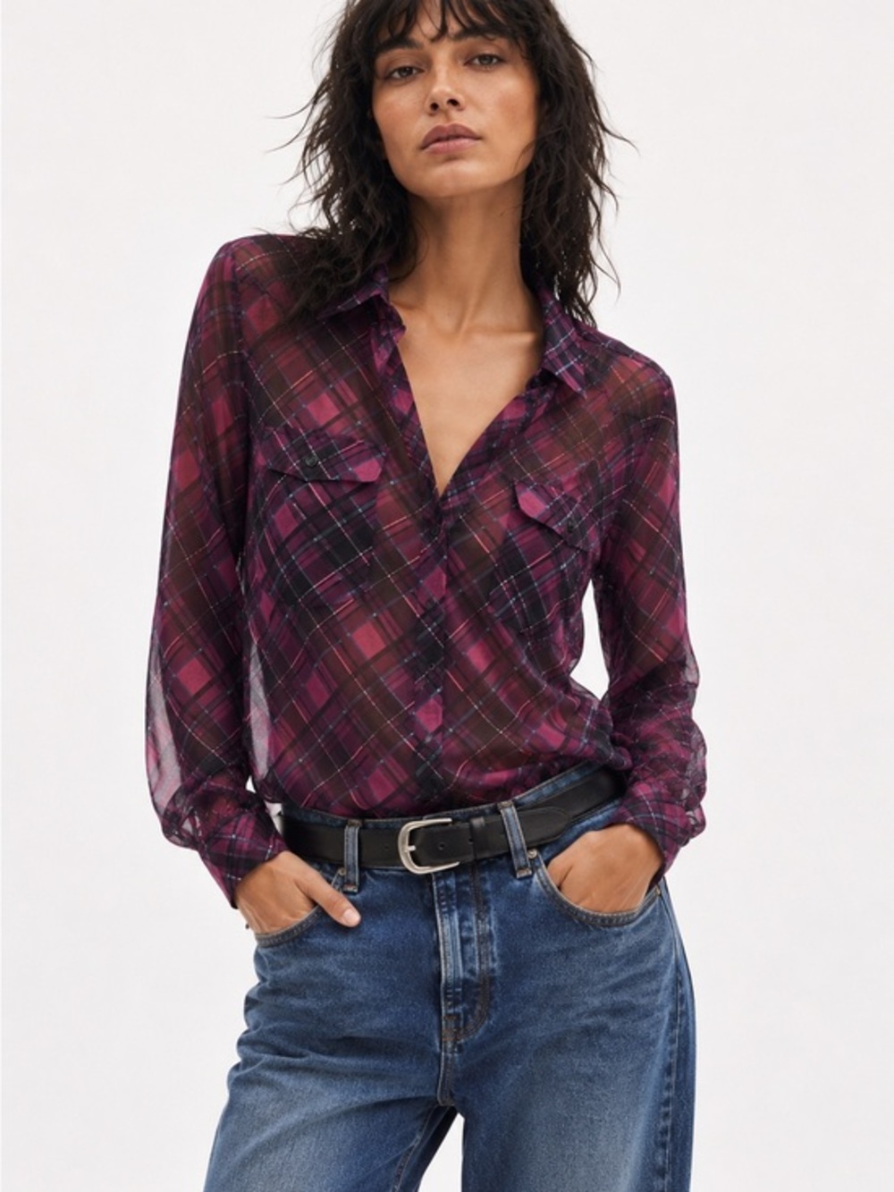 The kooples purple and black sheer plaid button down blouse